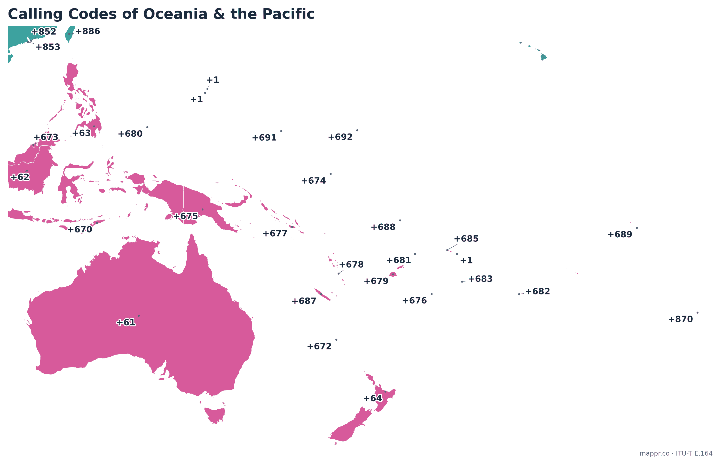Map of Oceania and Pacific island calling codes in the +6 zone