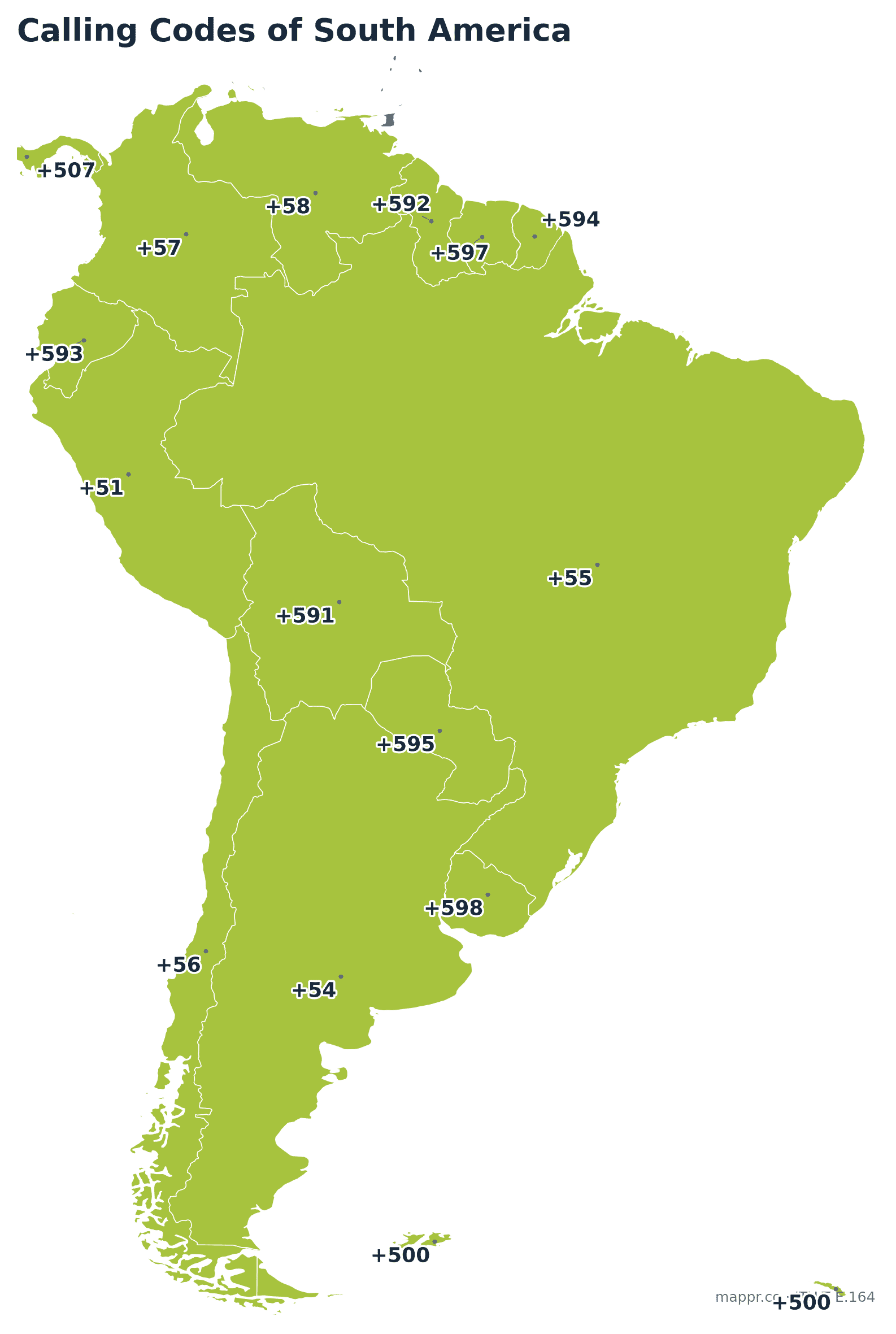 Map of South American calling codes, all in the +5 zone
