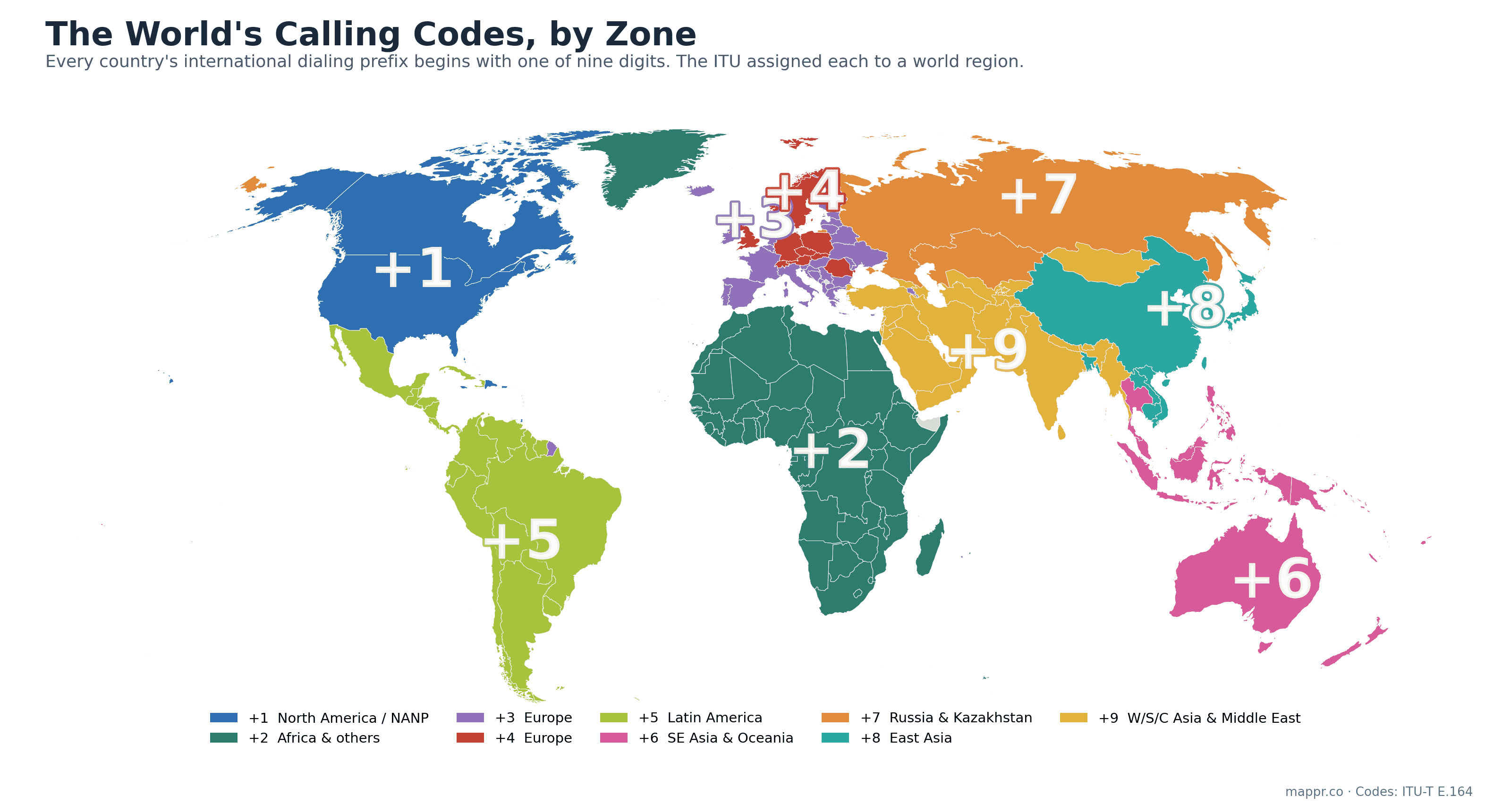 World map colored by the nine ITU calling-code zones, +1 to +9