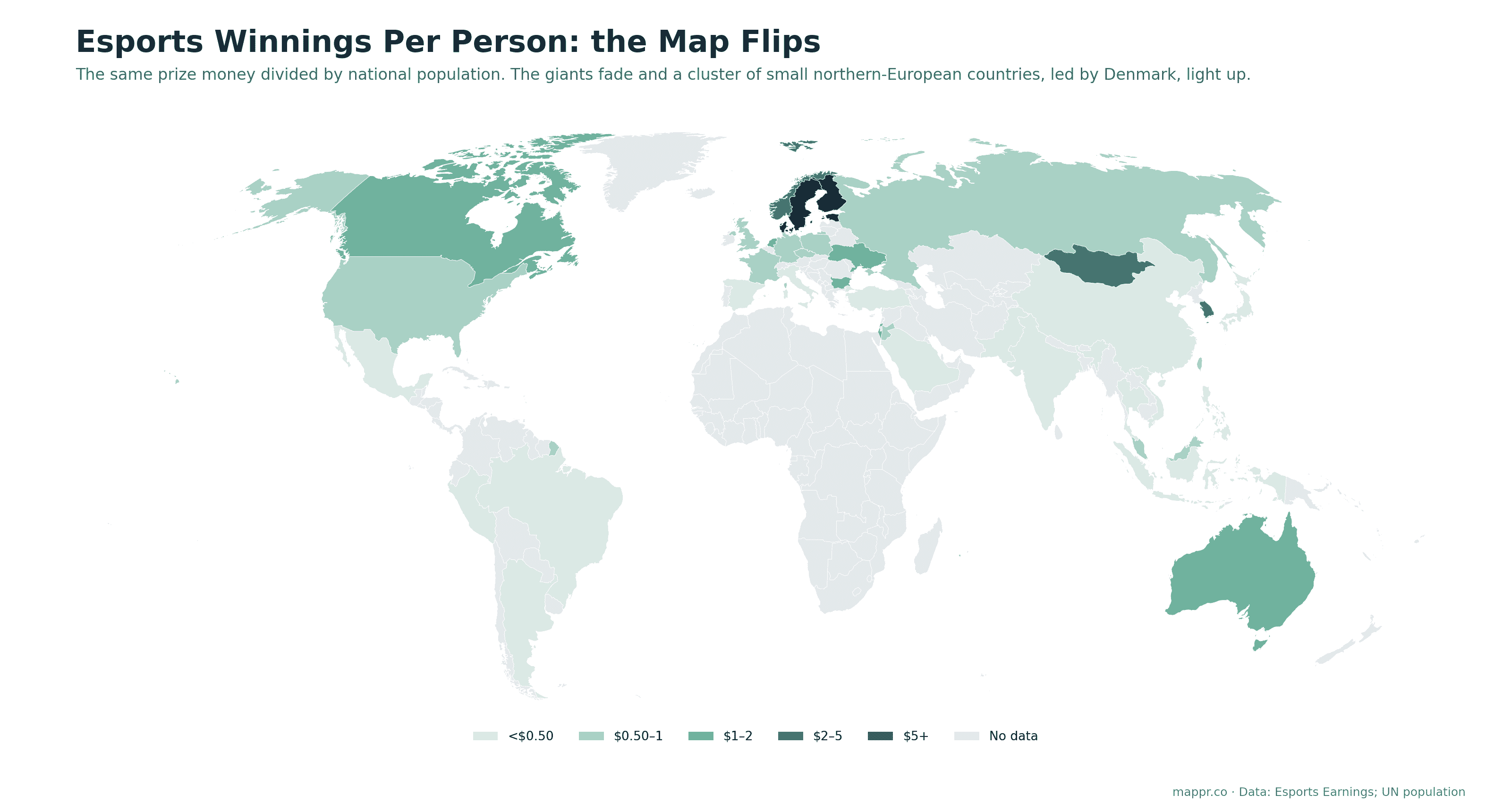 World choropleth of esports winnings per person, with Denmark and the Nordics and South Korea darkest and China and the US faded