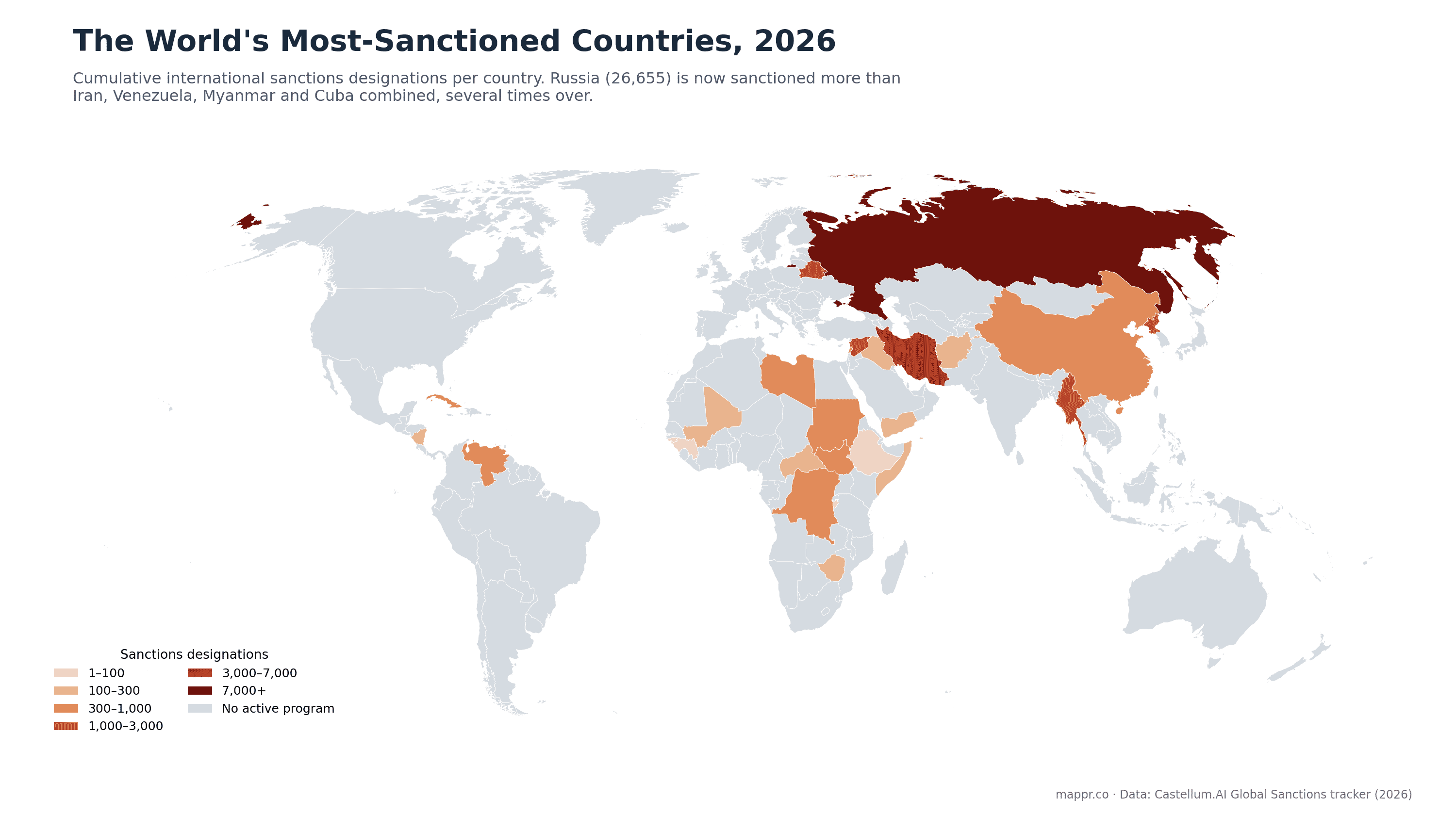 World choropleth of cumulative sanctions designations per country in 2026, with Russia by far the darkest, followed by Iran, Syria, North Korea and Belarus