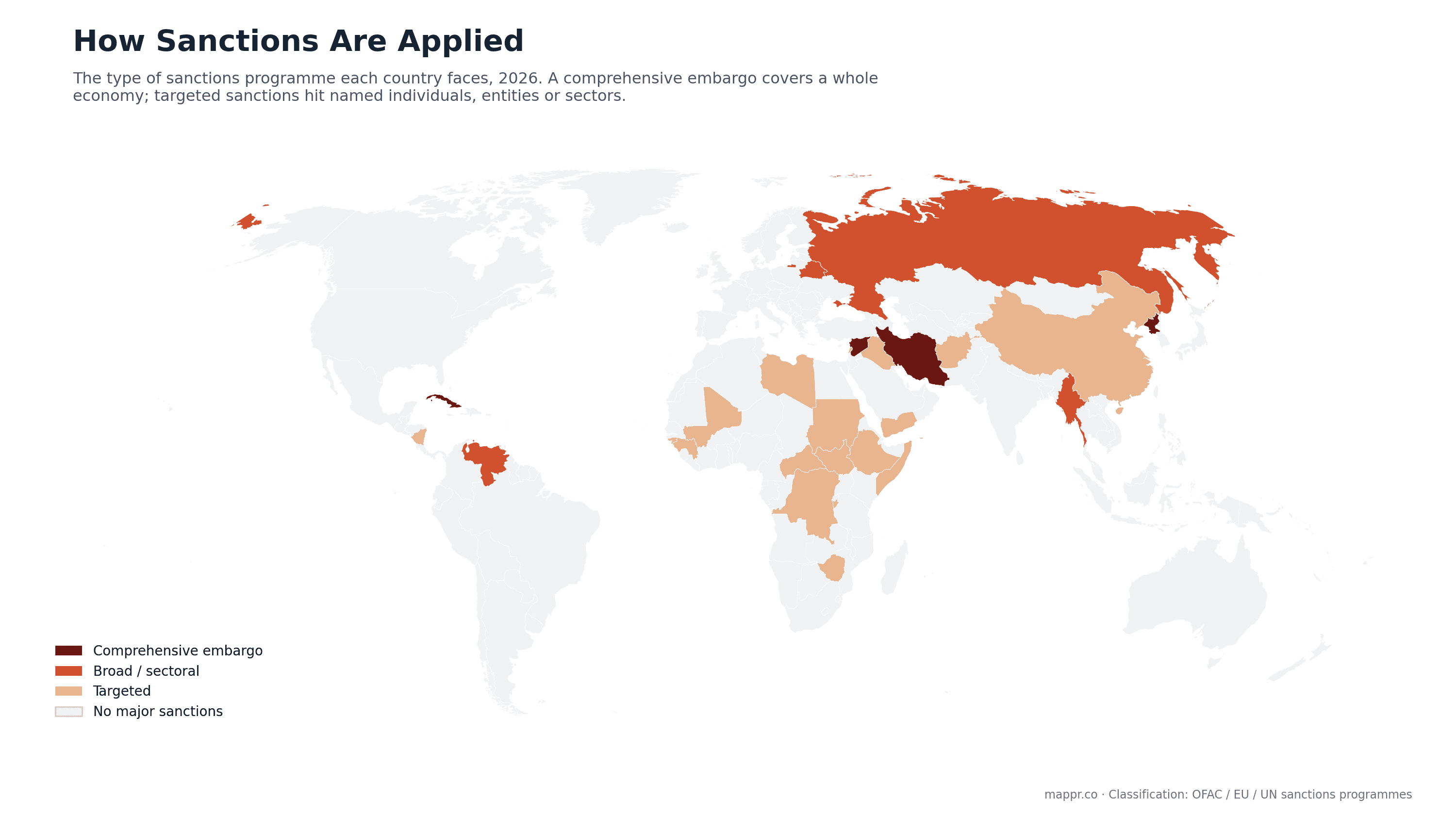 World map classifying sanctions programmes in 2026 into comprehensive embargoes, broad or sectoral programmes, and targeted measures