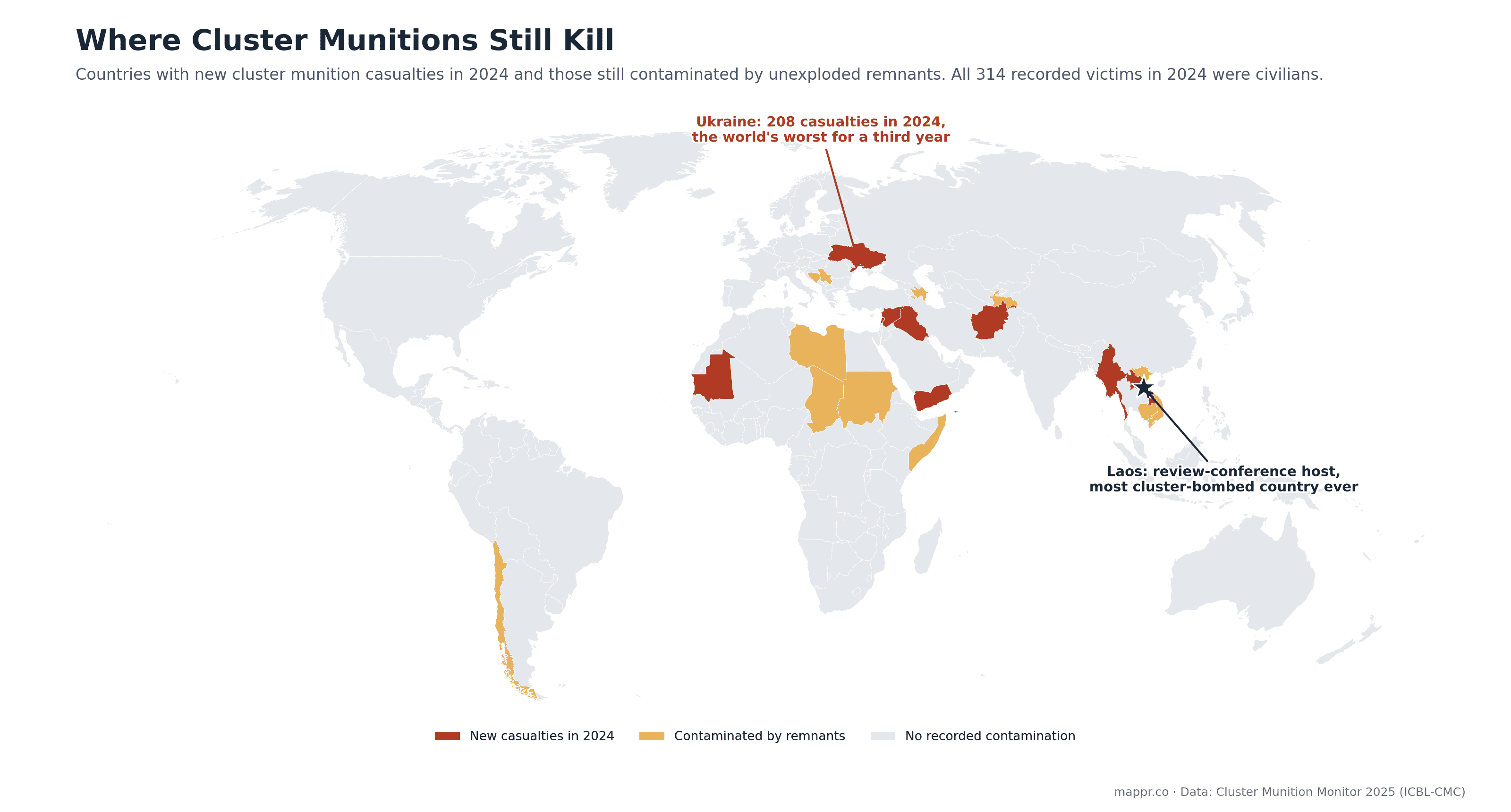 World map of countries with new cluster munition casualties in 2024, led by Ukraine, and countries still contaminated by unexploded submunition remnants, with Laos marked as review conference host