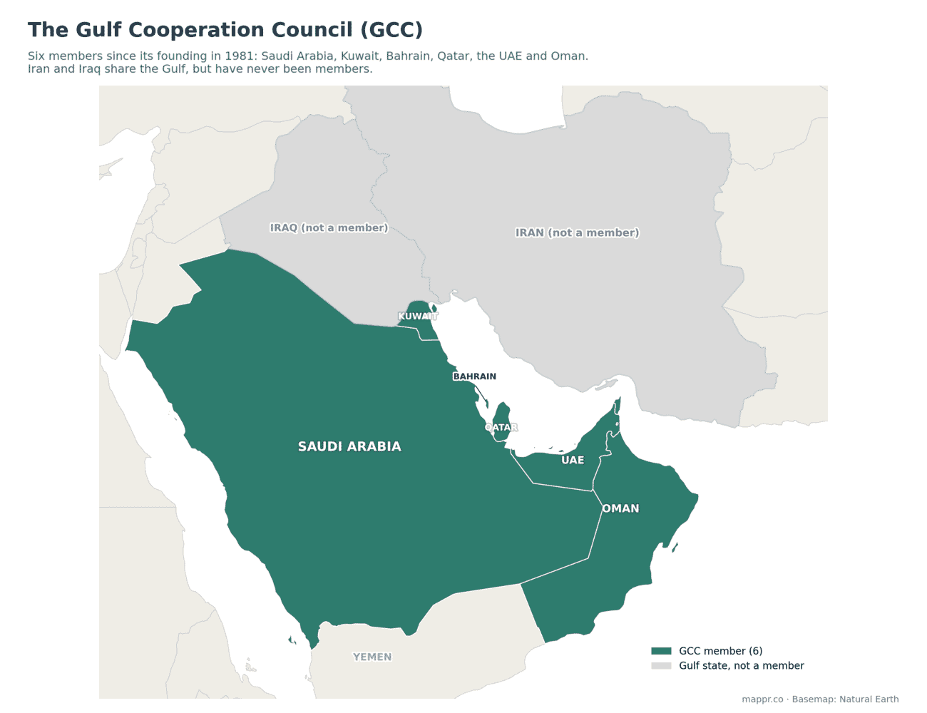 Map of the six Gulf Cooperation Council member states highlighted in teal, with non-members Iran and Iraq in grey