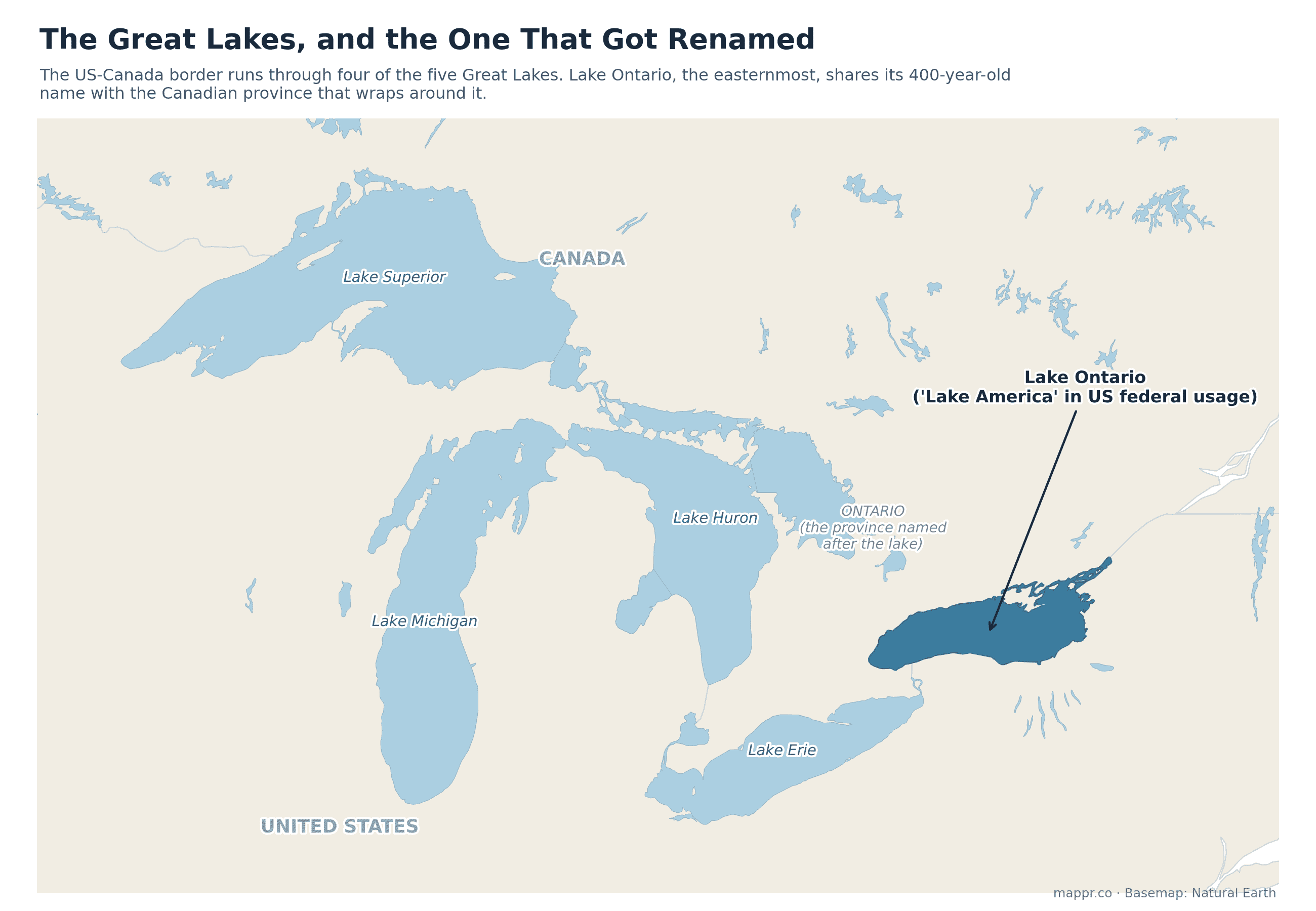 Map of the five Great Lakes with Lake Ontario highlighted, showing the US-Canada border and the Canadian province of Ontario which is named after the lake