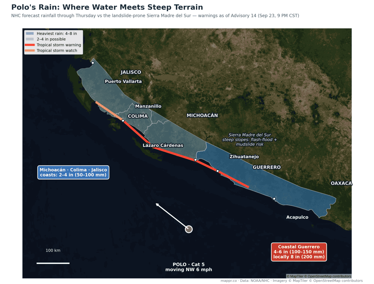 Satellite map of NHC forecast rainfall bands along the Guerrero, Michoacan, Colima and Jalisco coasts against the Sierra Madre del Sur terrain