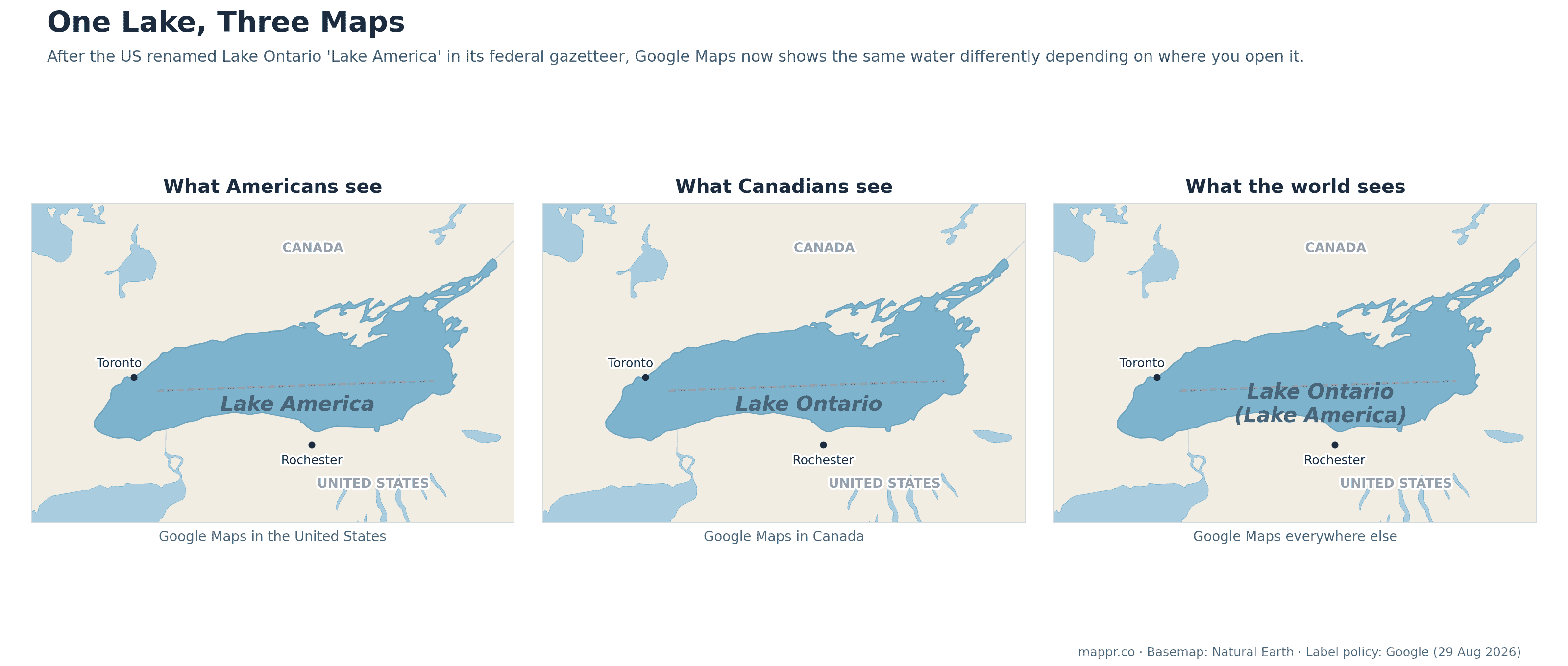 Three-panel map showing how Google Maps labels the same lake: Lake America for US users, Lake Ontario for Canadian users, and both names for the rest of the world