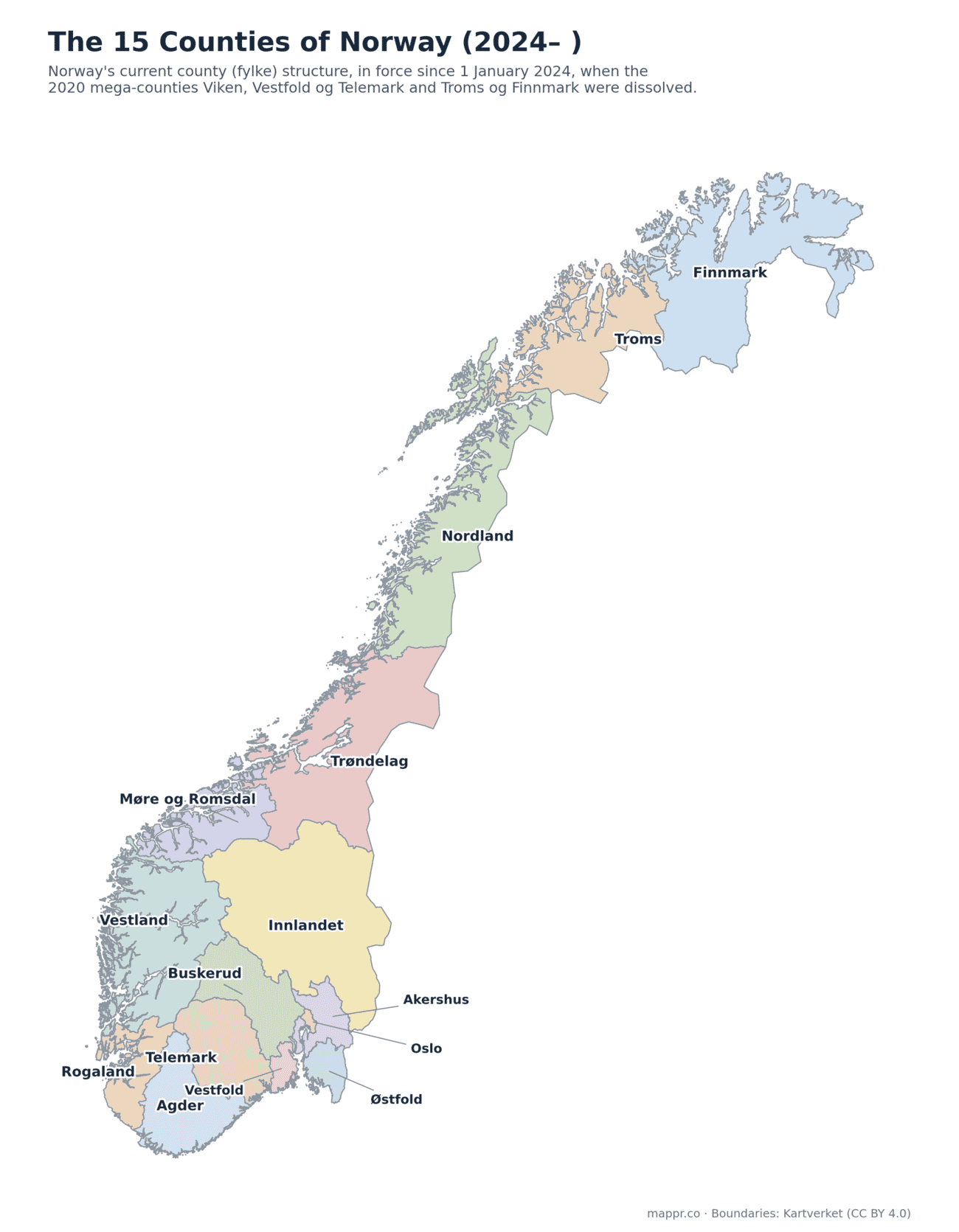 Political map of the 15 counties of Norway in force since January 2024, each county coloured and labelled