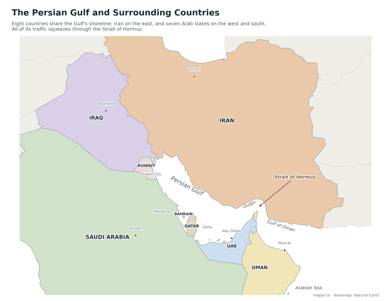 Map of the Persian Gulf and surrounding countries, showing Iran, Iraq, Kuwait, Saudi Arabia, Bahrain, Qatar, the UAE and Oman with their capitals and the Strait of Hormuz