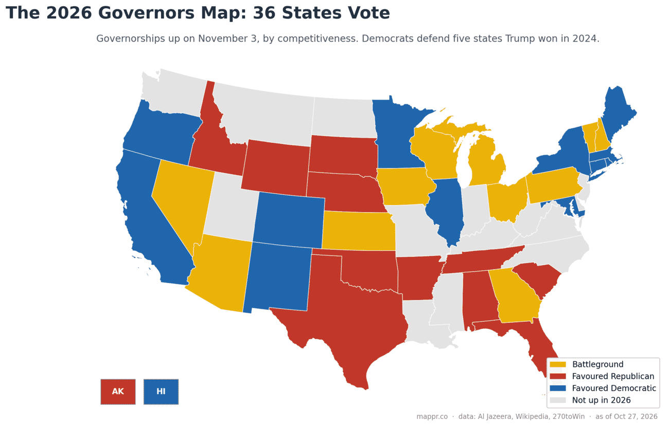 US map of the 2026 governor elections showing the 36 states voting on November 3 shaded by competitiveness, with battlegrounds including Arizona, Michigan, Pennsylvania, Wisconsin, Kansas, Georgia and Nevada
