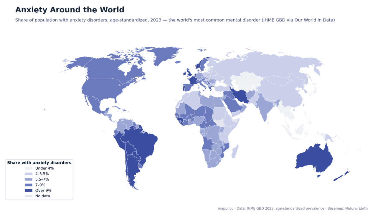World choropleth map of anxiety disorder prevalence by country, age-standardized share of population, GBD 2023