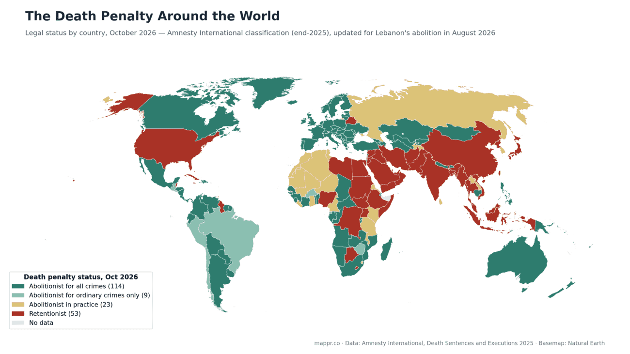 World map of death penalty status by country in 2026: abolitionist for all crimes, for ordinary crimes, in practice, and retentionist