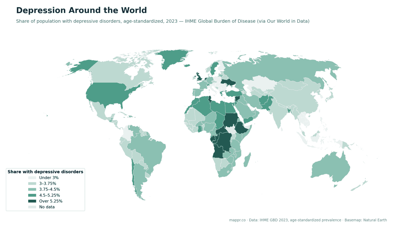 World choropleth map of depressive disorder prevalence by country, age-standardized share of population, GBD 2023