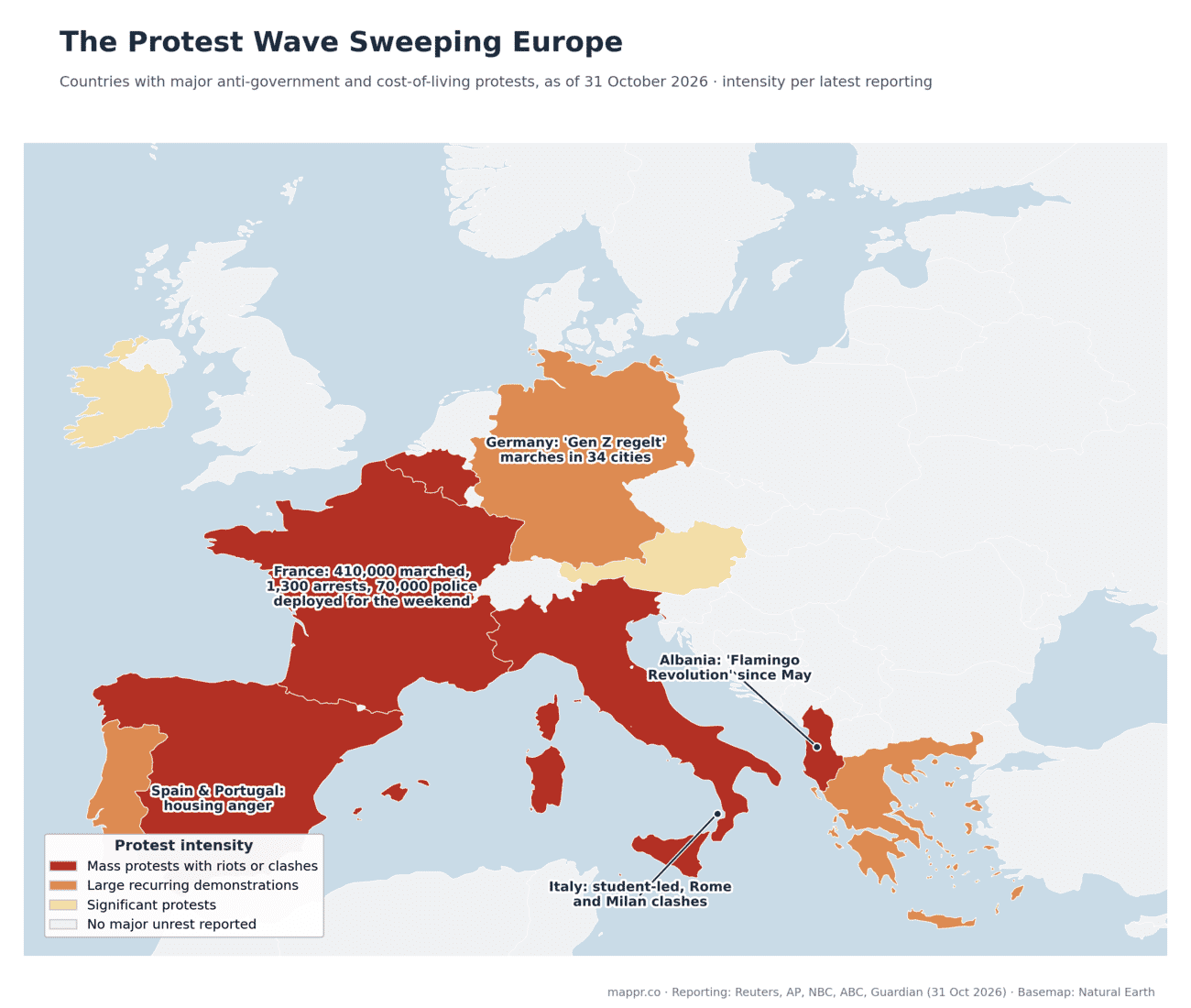 Map of Europe showing countries hit by the 2026 protest wave, with France, Italy, Spain, Belgium and Albania in the highest intensity tier