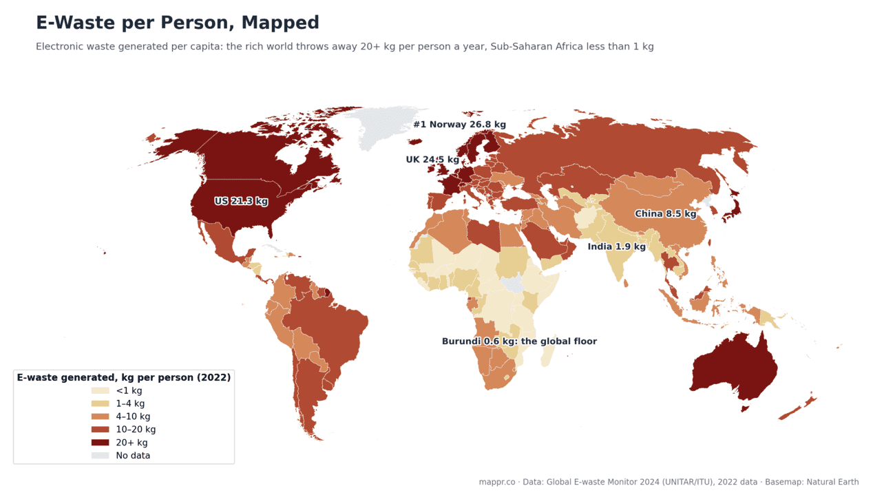 World choropleth map of electronic waste generated per capita by country, led by Norway, the UK and other wealthy economies at over 20 kg per person