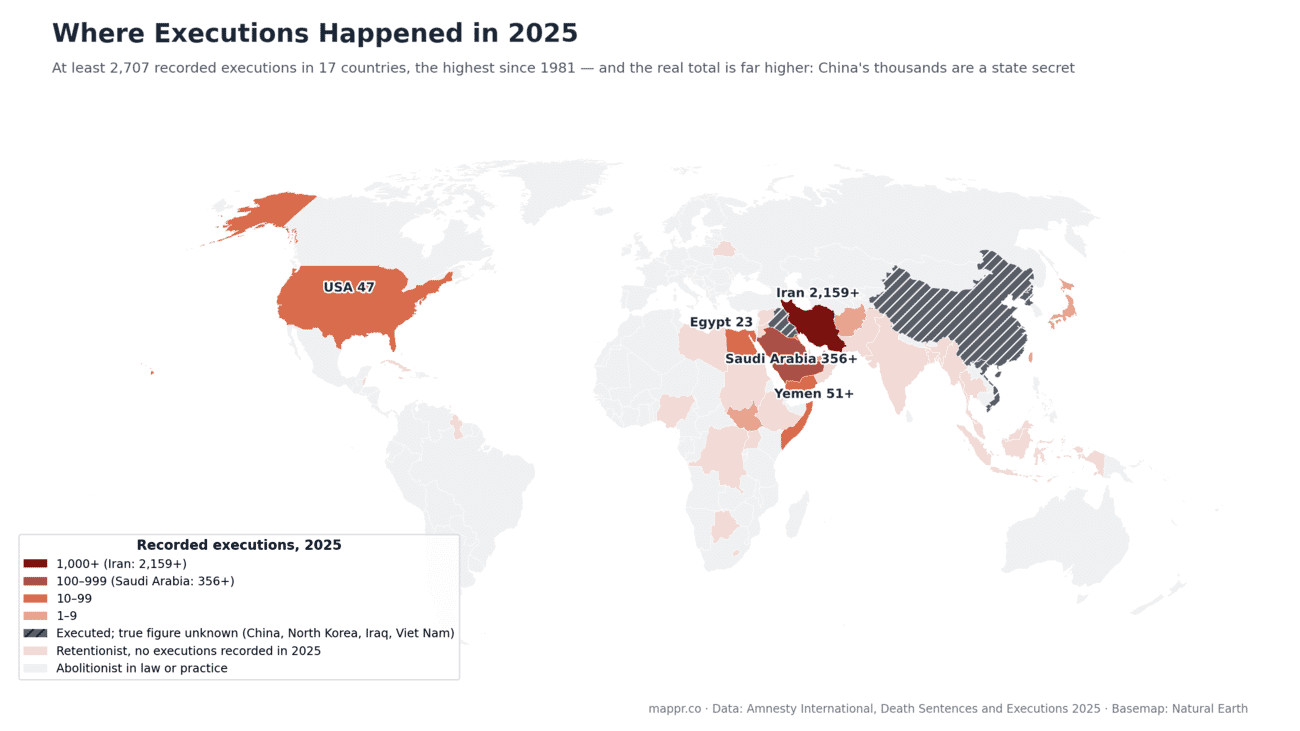 World map of recorded executions by country in 2025, with Iran, Saudi Arabia, the USA and secretive states highlighted