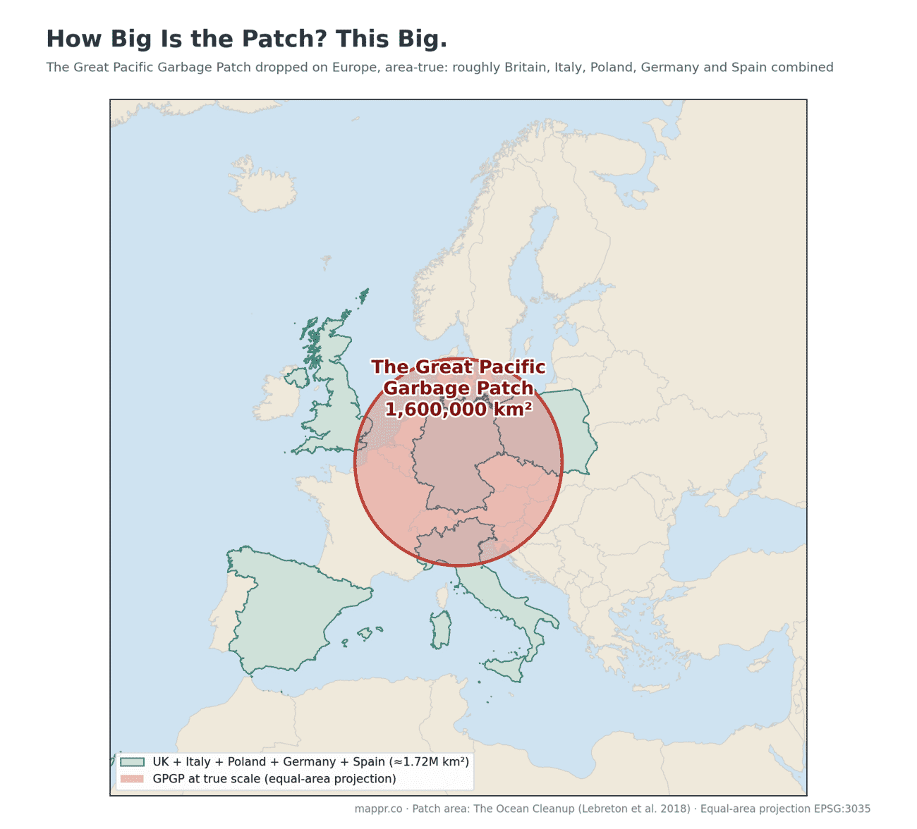 Size comparison map showing the Great Pacific Garbage Patch overlaid on Europe at true scale, covering an area comparable to Britain, Italy, Poland, Germany and Spain combined