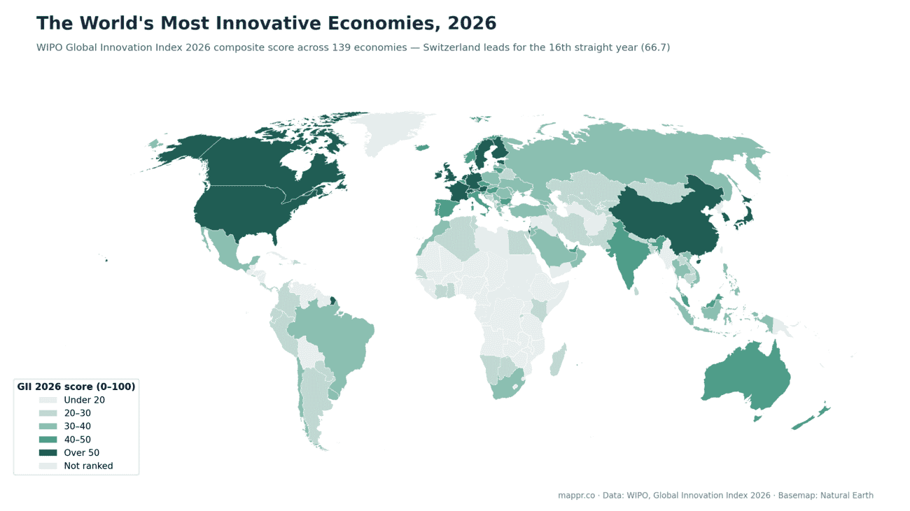 World choropleth map of Global Innovation Index 2026 scores by country, with Switzerland, the Nordics, the US and China in the top tier