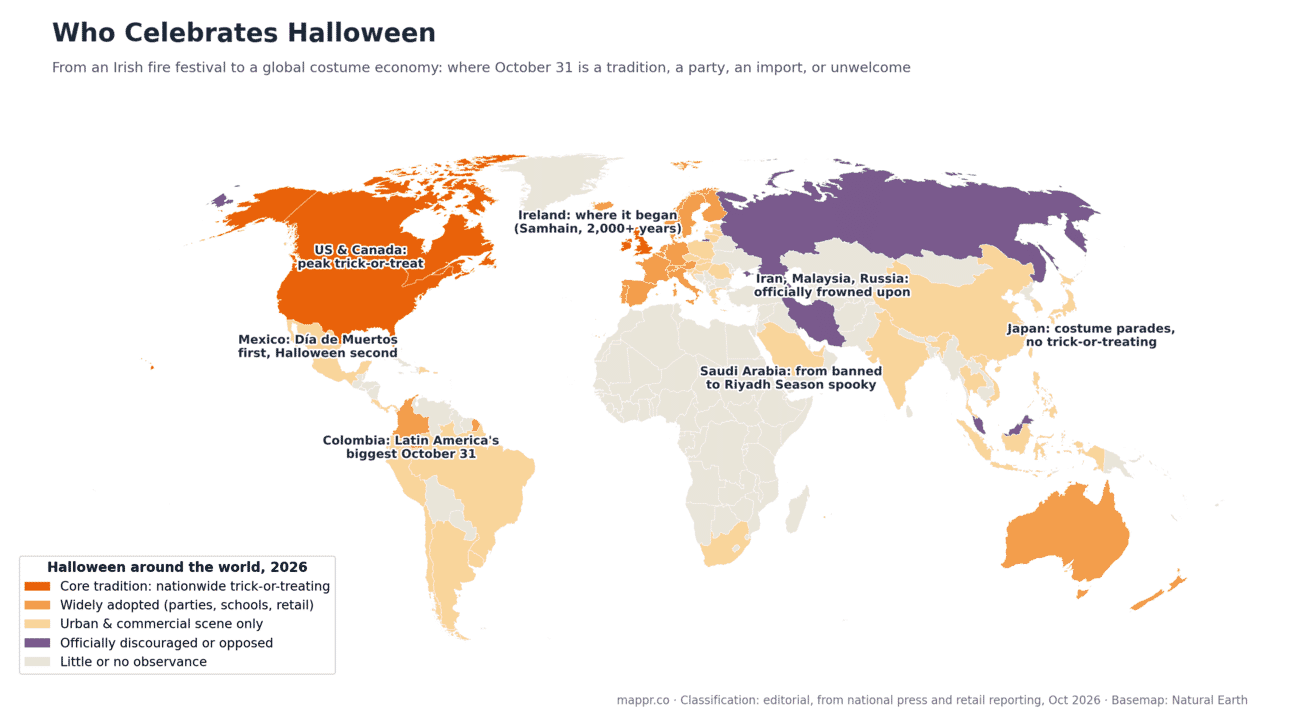 World map of countries that celebrate Halloween in 2026, from core trick-or-treating in the US, Canada, Ireland and UK, through commercial adoption in Europe and Latin America, to official discouragement in Iran, Malaysia and Russia