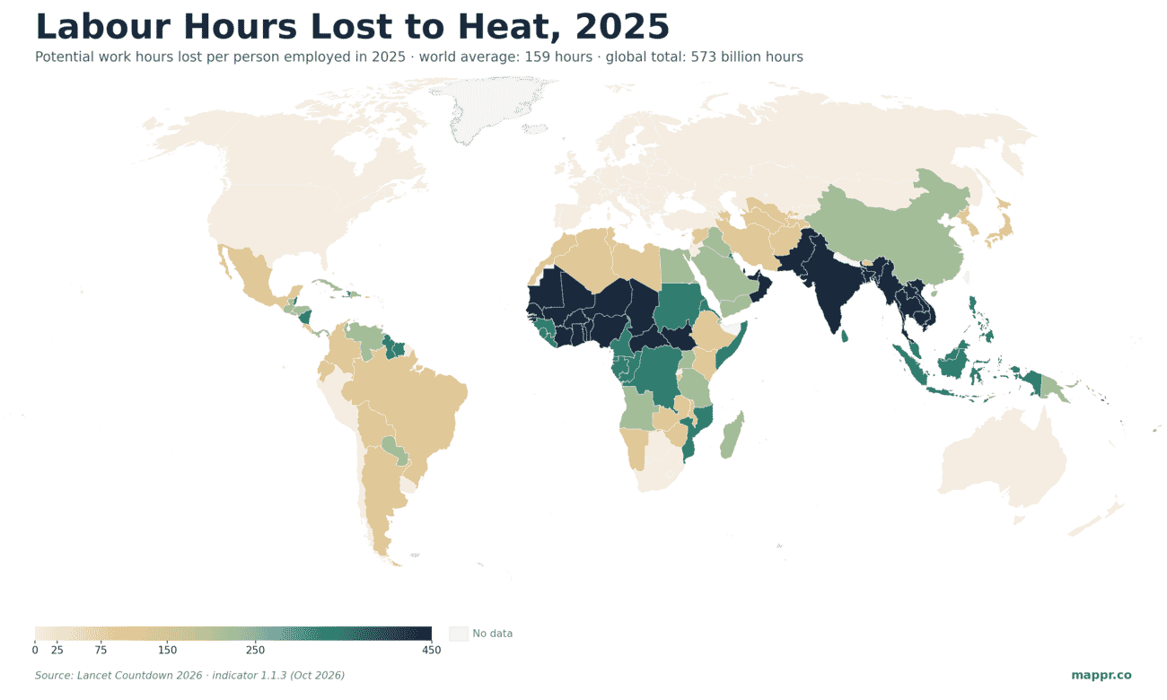 World choropleth map of potential labour hours lost to heat per employed person in 2025, with the Sahel, South Asia and Southeast Asia darkest