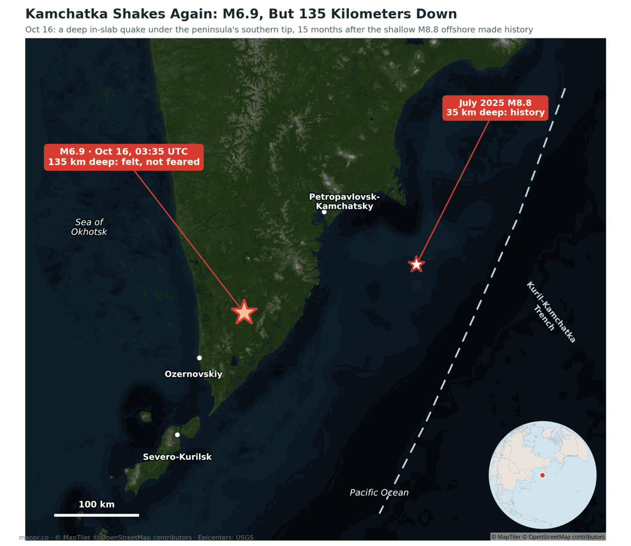 Satellite map of the October 16 2026 magnitude 6.9 earthquake epicenter under southern Kamchatka, 135 km deep, compared with the shallow July 2025 magnitude 8.8 epicenter offshore near the Kuril-Kamchatka Trench