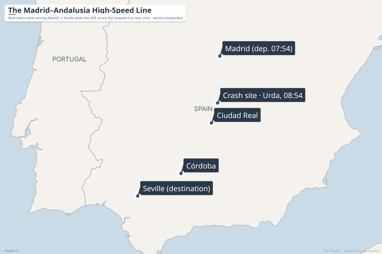 Map of the Madrid to Andalusia high-speed line showing Madrid, the crash site near Urda in Toledo province, Ciudad Real, Cordoba and Seville