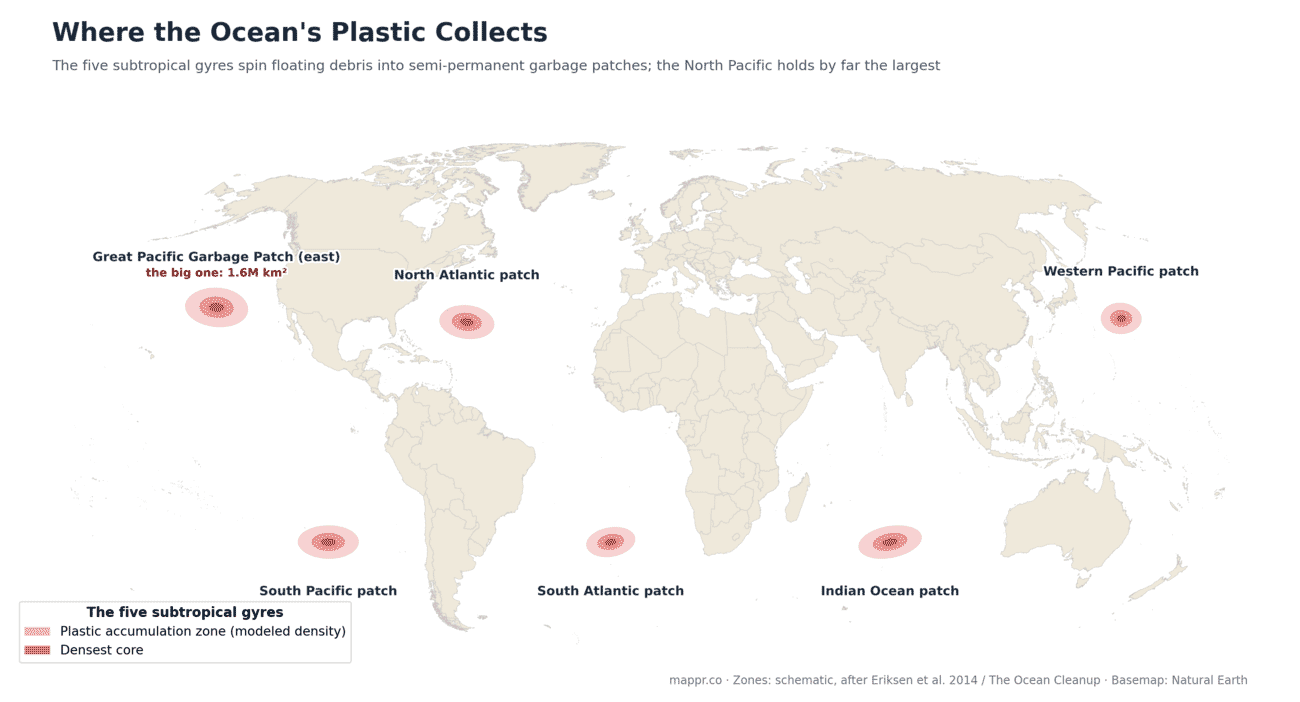 World map of the five ocean garbage patches in the subtropical gyres of the Pacific, Atlantic and Indian Oceans