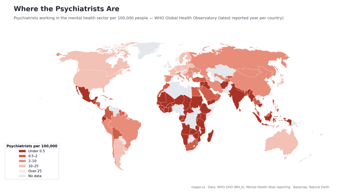 World map of psychiatrists per 100,000 people by country, WHO Global Health Observatory