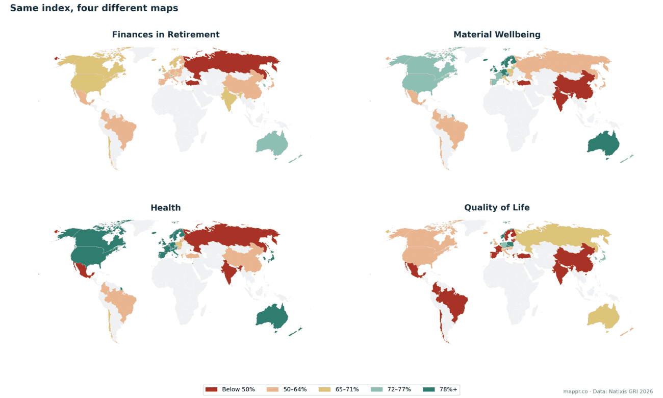 Four world maps of the Natixis GRI 2026 sub-indices: Finances in Retirement, Material Wellbeing, Health and Quality of Life