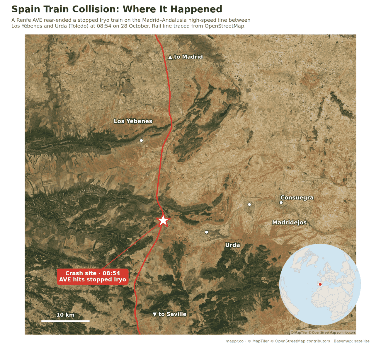 Satellite locator map of the train collision site on the Madrid Seville high-speed line between Los Yebenes and Urda in Toledo province, Spain