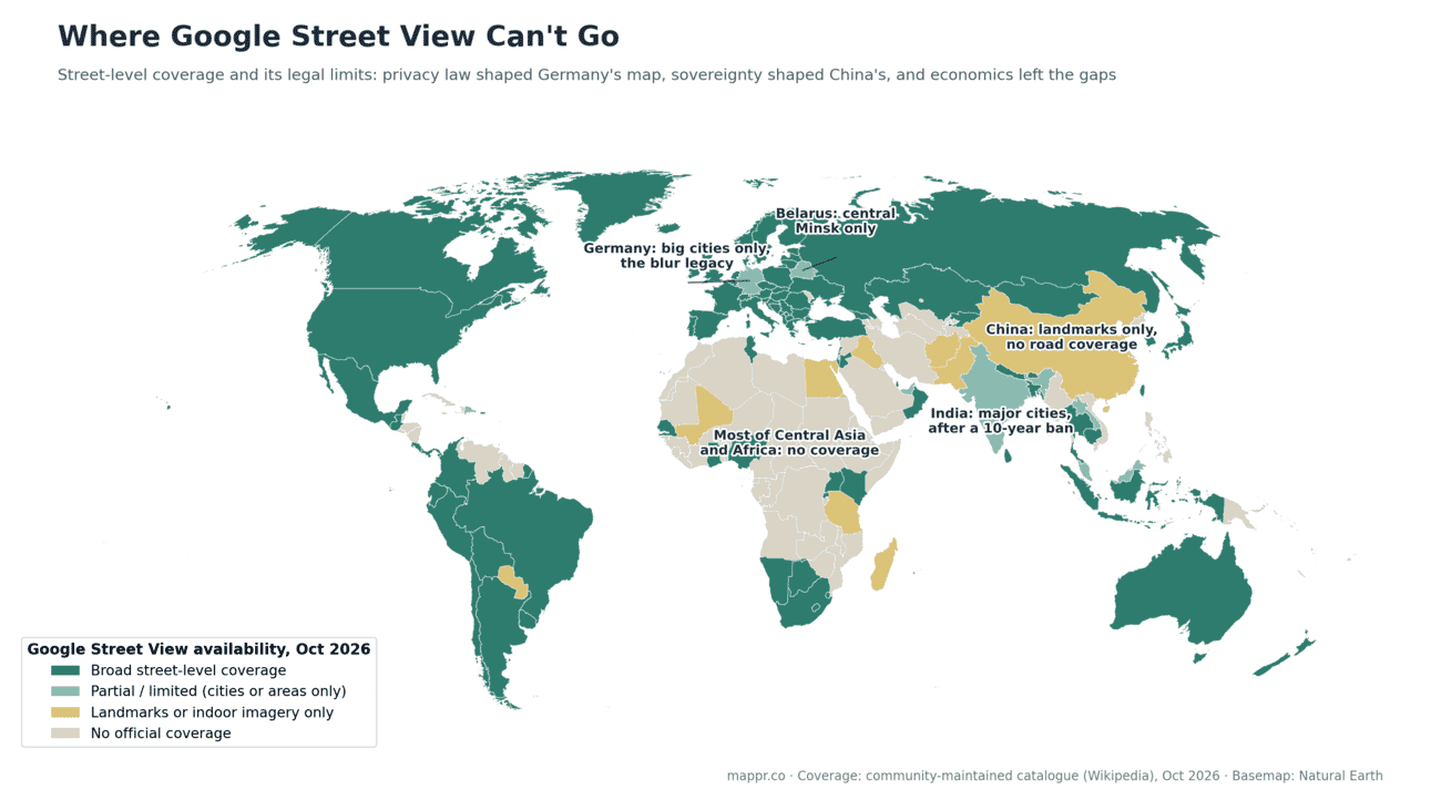 World map of Google Street View availability by country in 2026, showing broad coverage in the Americas, Europe and Oceania, partial coverage in Germany and India, landmarks-only in China, and no coverage across much of Africa and Central Asia
