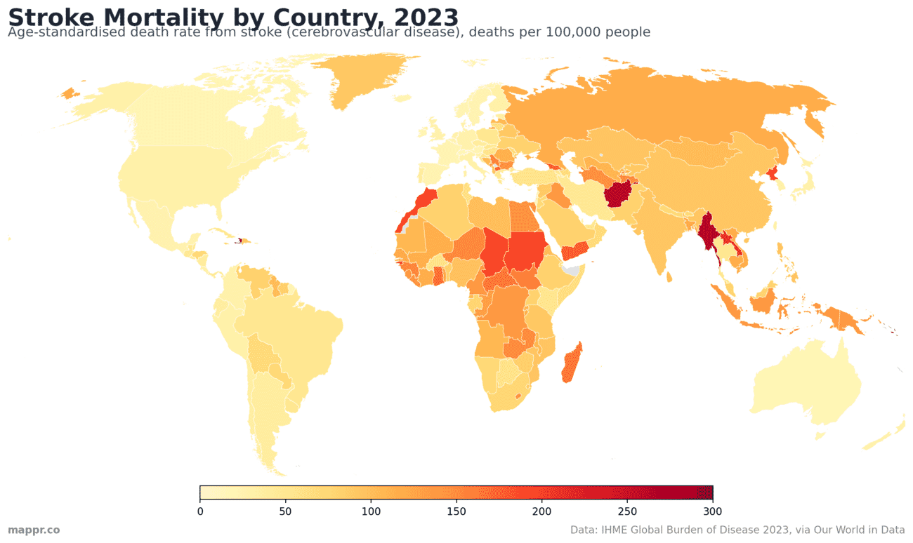 World choropleth map of age-standardised stroke death rates by country in 2023, highest in Pacific islands, South and Southeast Asia, Haiti and Afghanistan, lowest in Western Europe, Australia and high-income Asia-Pacific