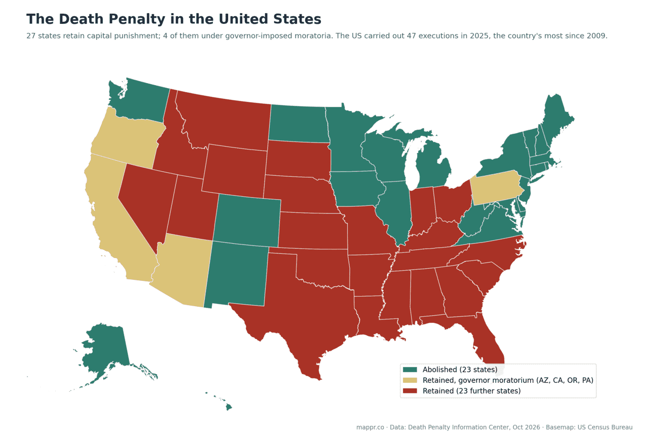 Map of US states by death penalty status in 2026: abolished, retained with governor moratorium, and retained