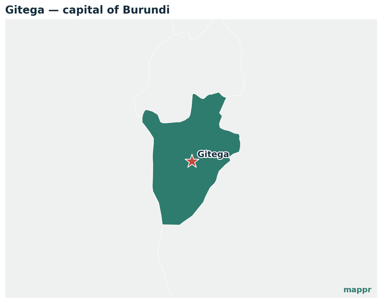 Map showing the location of Gitega, the capital of Burundi
