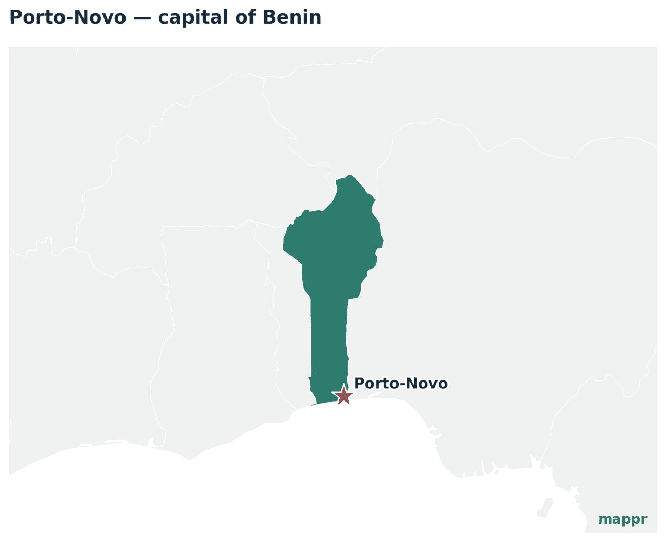 Map showing the location of Porto-Novo, the capital of Benin