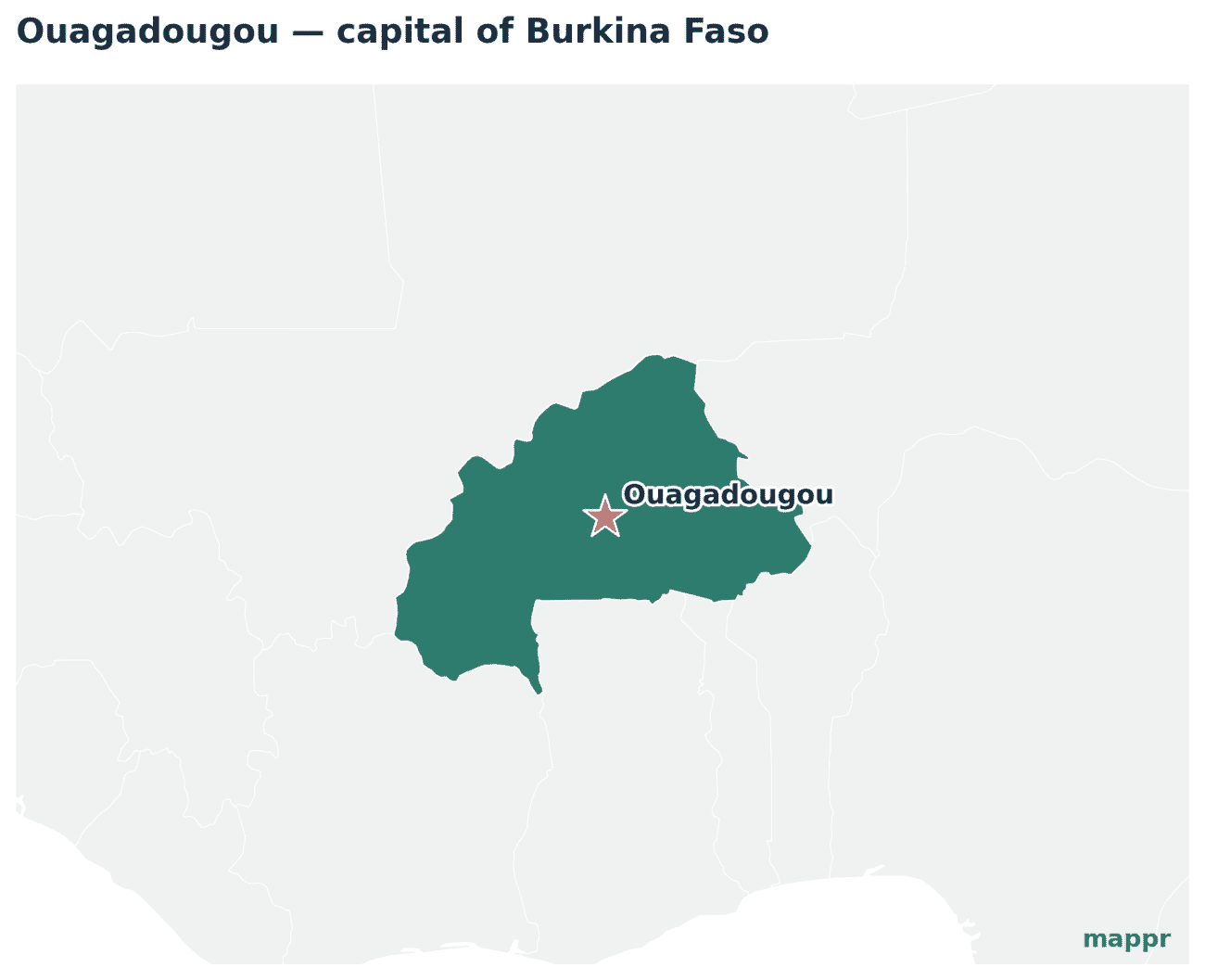 Map showing the location of Ouagadougou, the capital of Burkina Faso