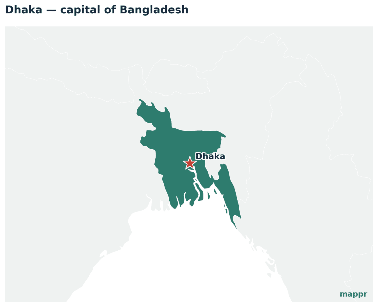 Map showing the location of Dhaka, the capital of Bangladesh