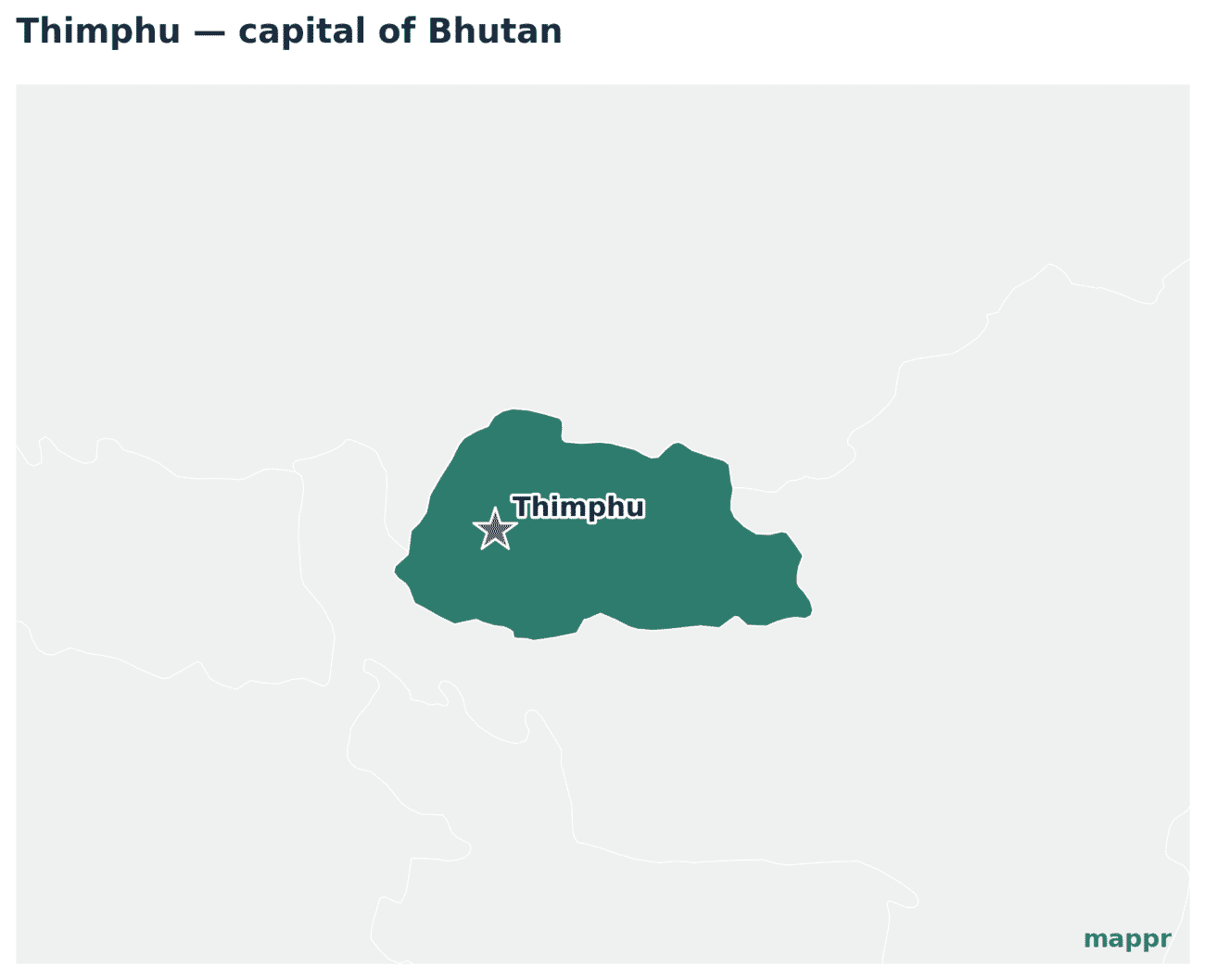 Map showing the location of Thimphu, the capital of Bhutan