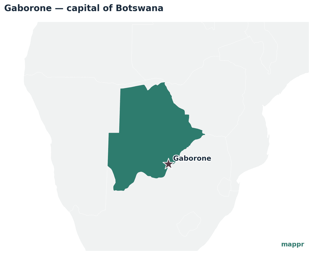 Map showing the location of Gaborone, the capital of Botswana