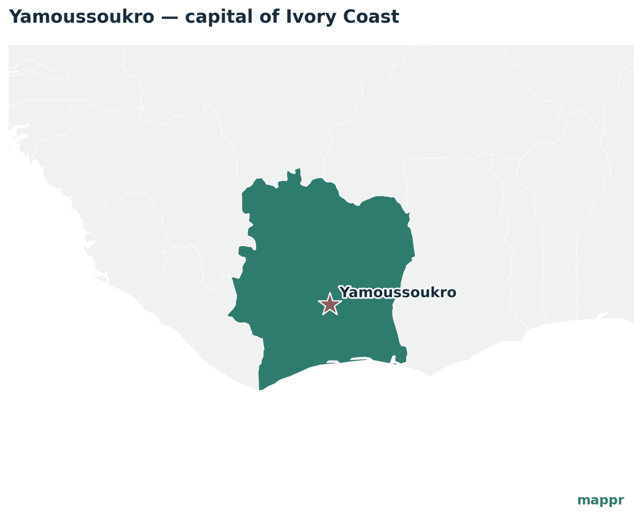 Map showing the location of Yamoussoukro, the capital of Ivory Coast