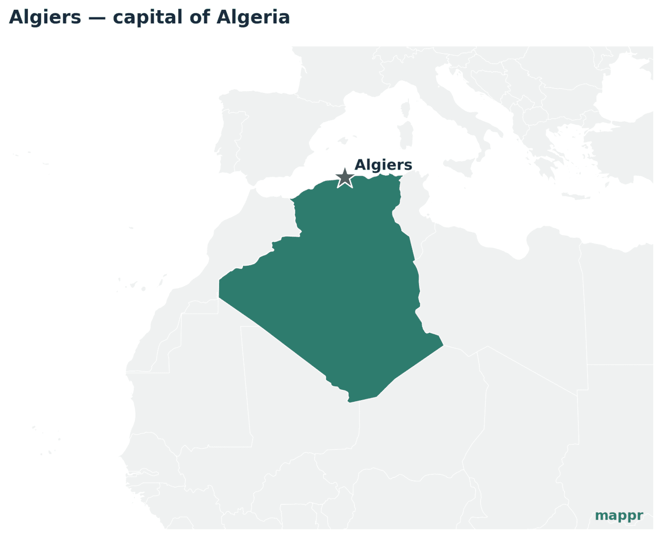 Map showing the location of Algiers, the capital of Algeria