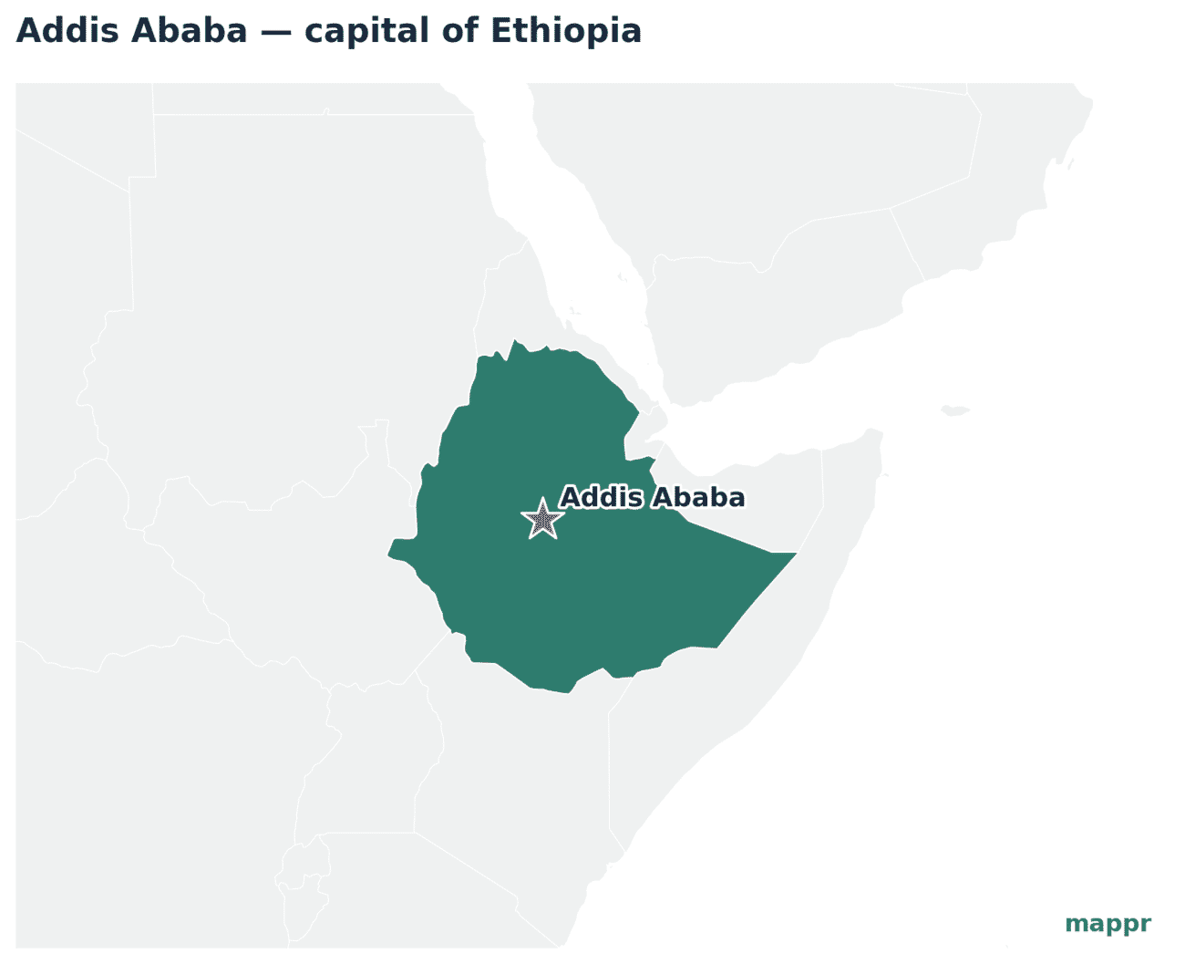 Map showing the location of Addis Ababa, the capital of Ethiopia