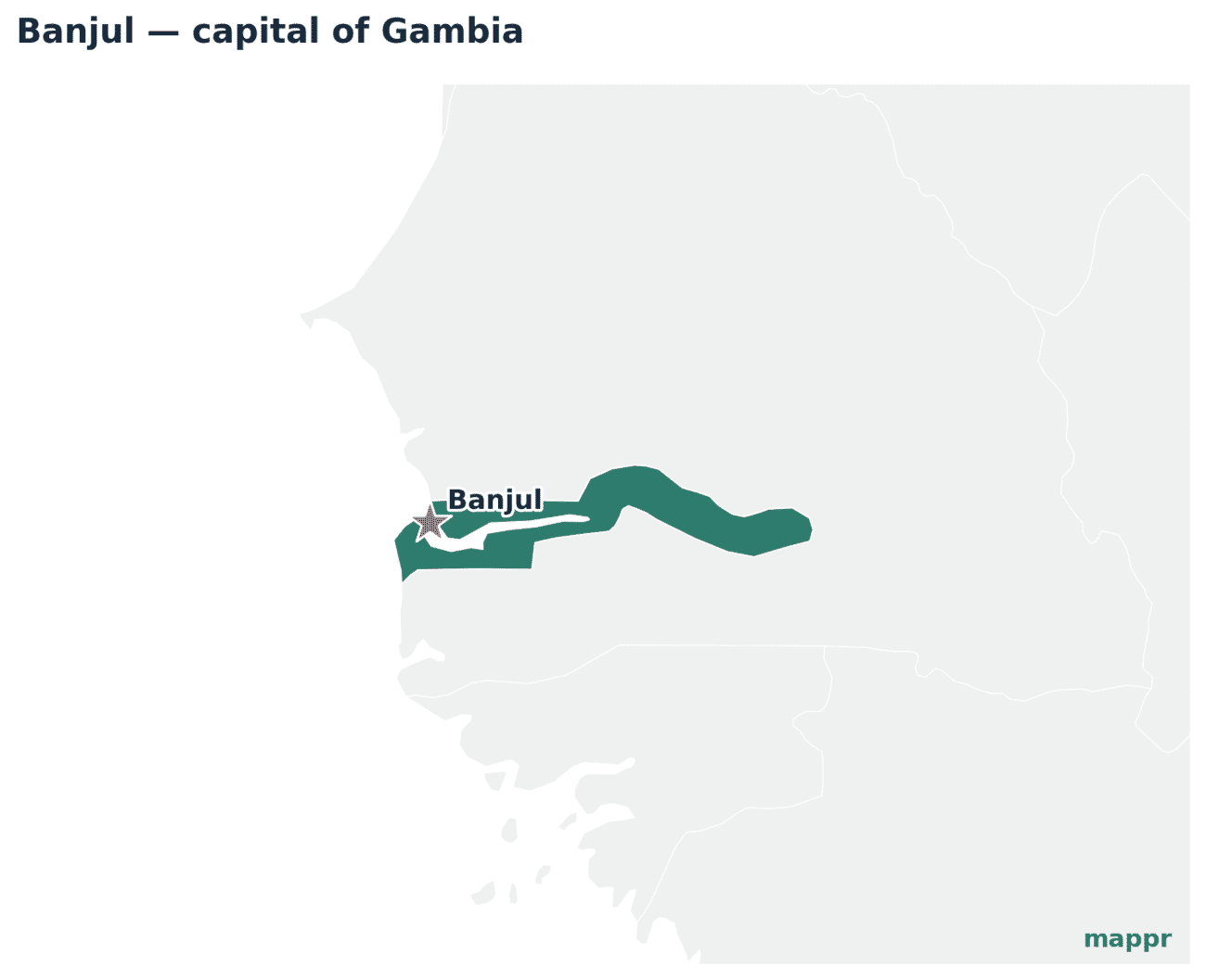 Map showing the location of Banjul, the capital of Gambia