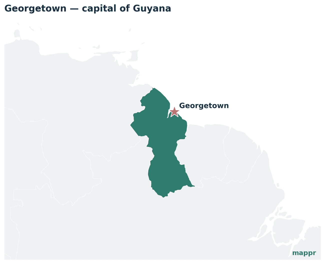 Map showing the location of Georgetown, the capital of Guyana