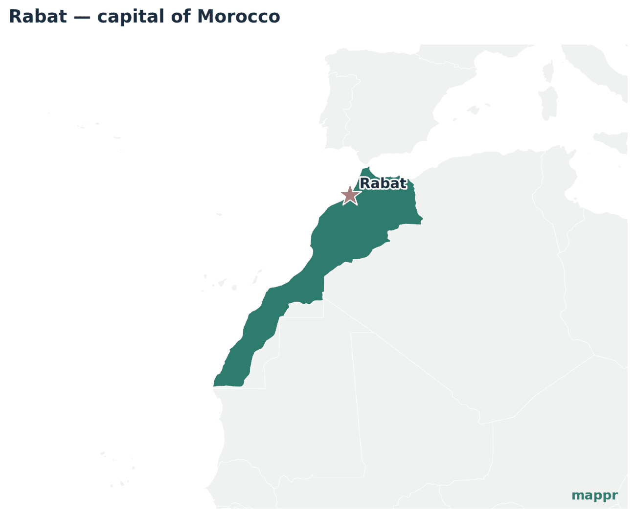 Map showing the location of Rabat, the capital of Morocco