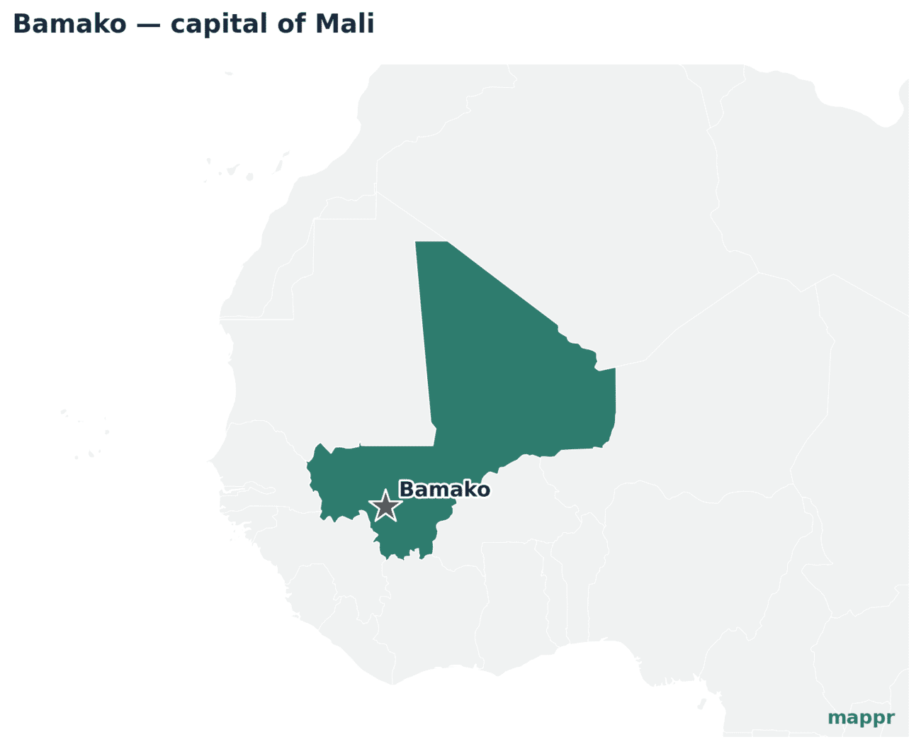 Map showing the location of Bamako, the capital of Mali