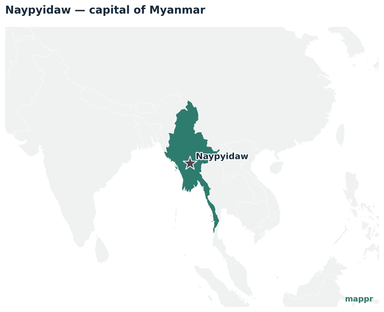 Map showing the location of Naypyidaw, the capital of Myanmar