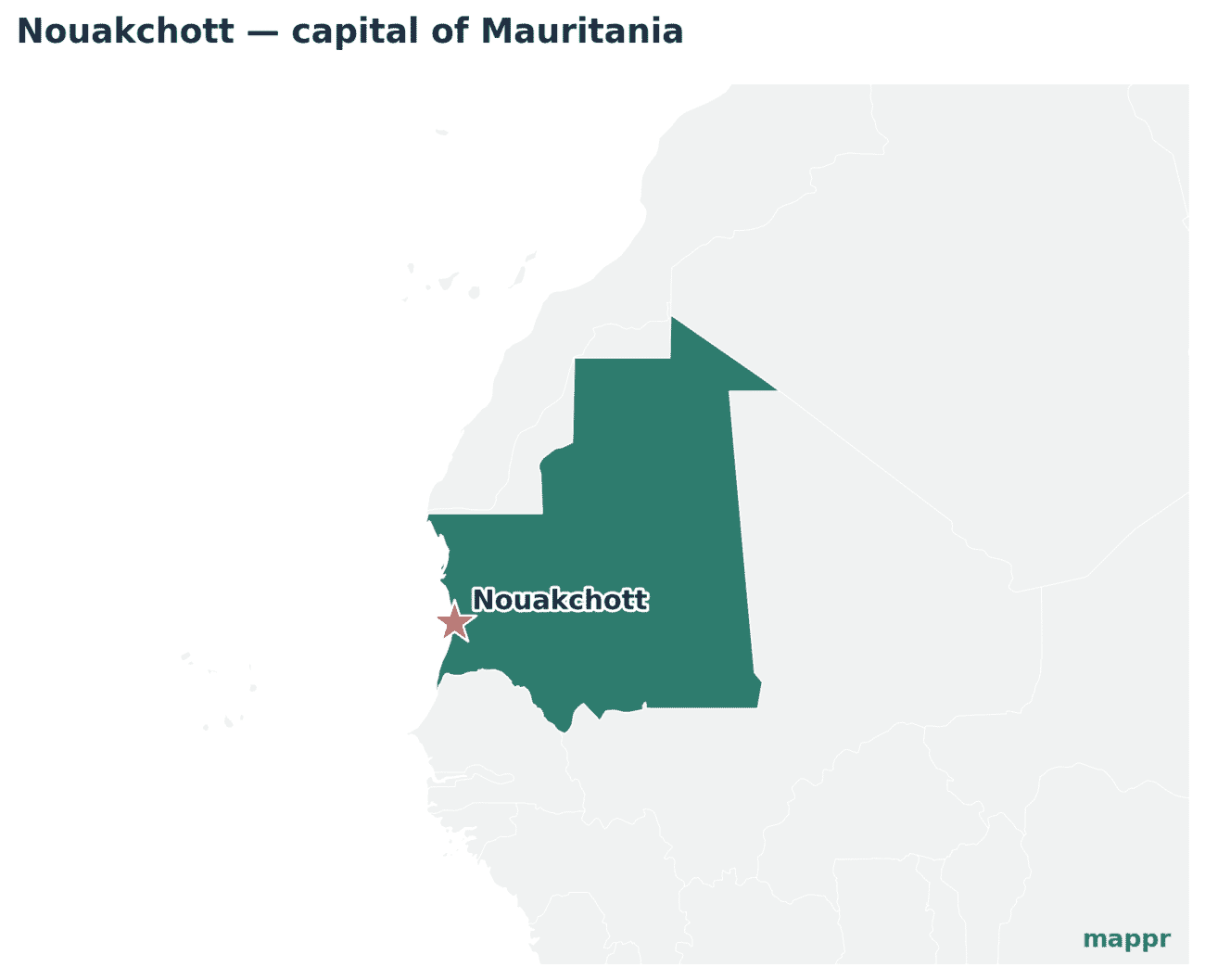 Map showing the location of Nouakchott, the capital of Mauritania