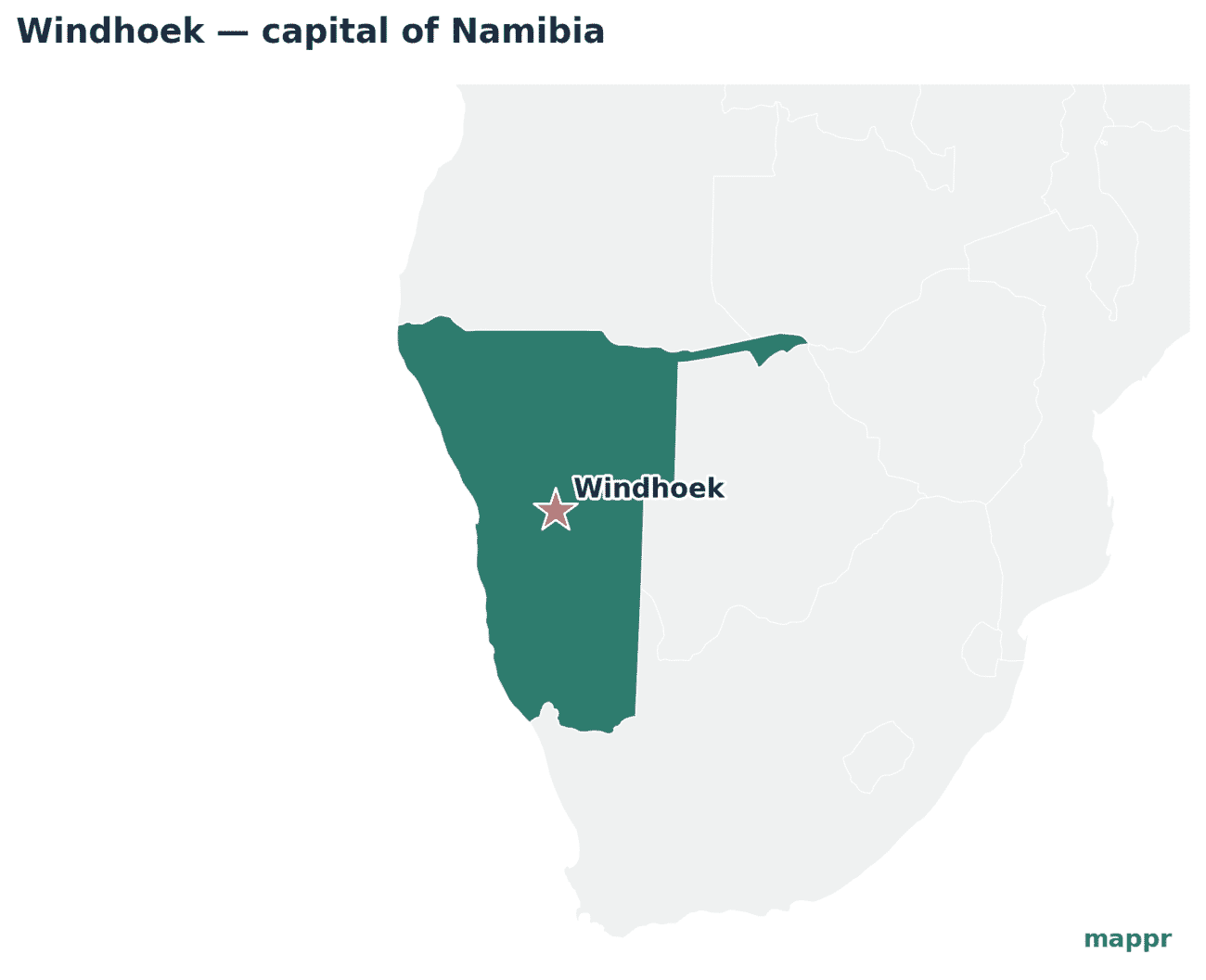 Map showing the location of Windhoek, the capital of Namibia