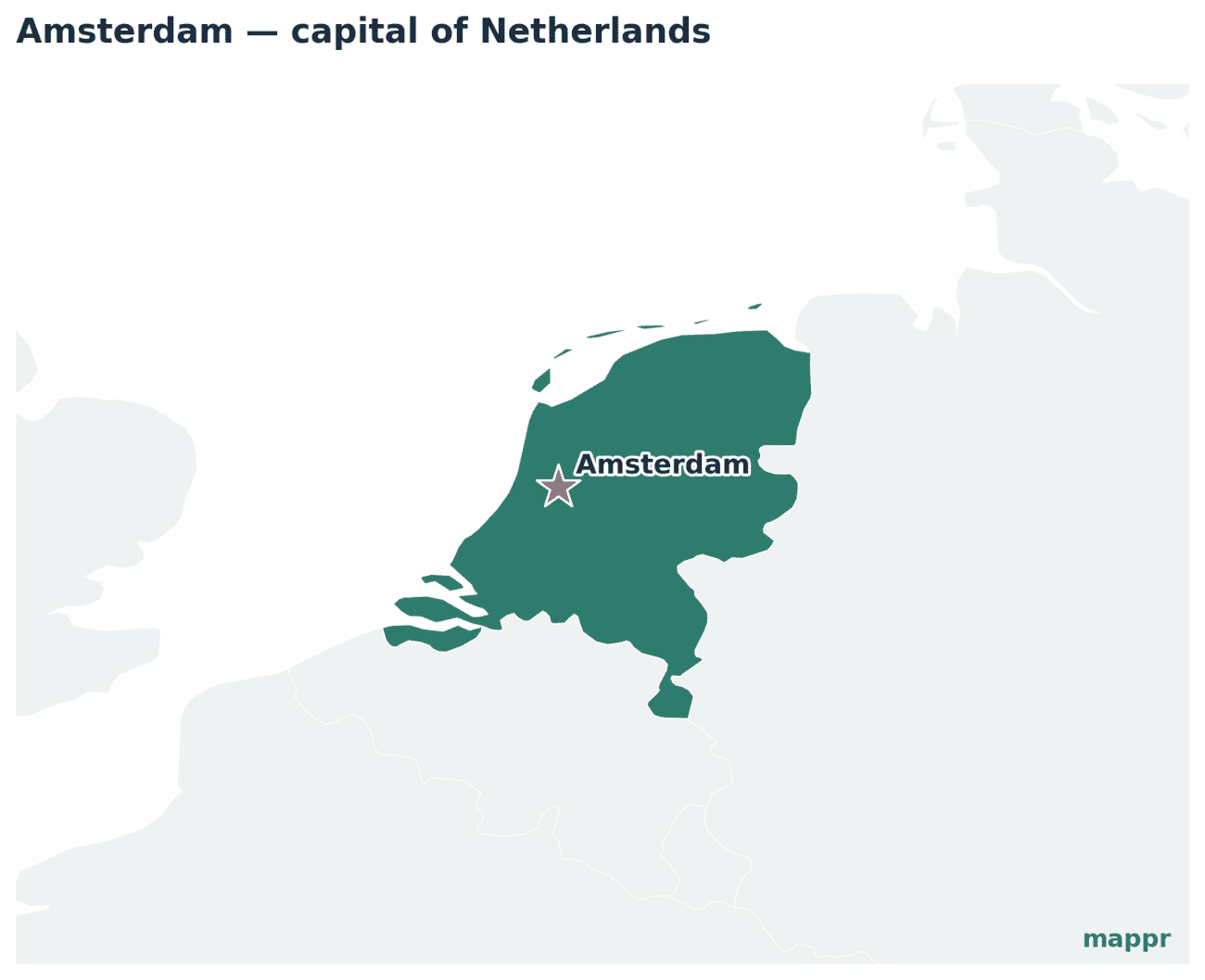 Map showing the location of Amsterdam, the capital of Netherlands